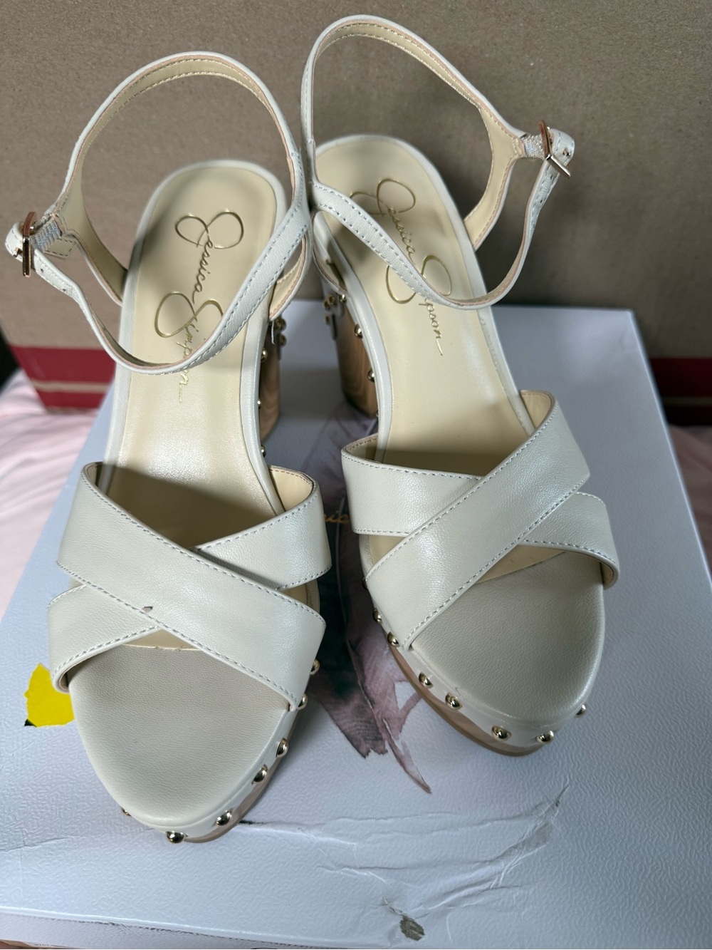 Jessica Simpson Ivory Crisscross Leather Wedge Sandals with Studded Trim